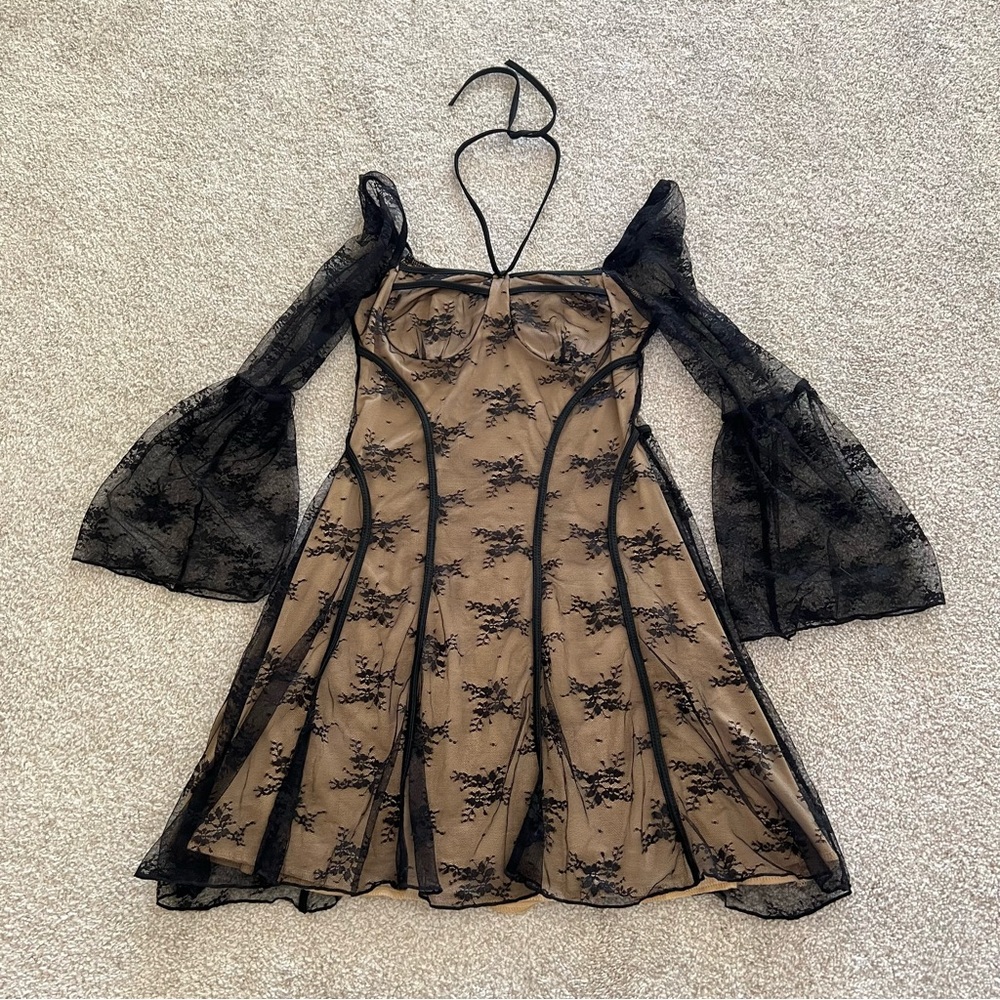 Whimsygoth Black Lace Overlay Fitted Mini Dress with Lace Bell Sleeves NWT - Picture 5 of 10